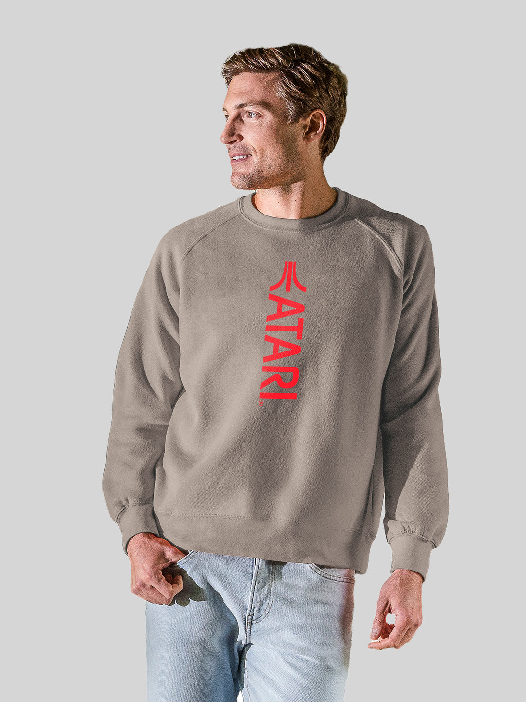 Atari Games Vertical Logo Red Retro Gaming with Vintage Fleece Raglan Crew