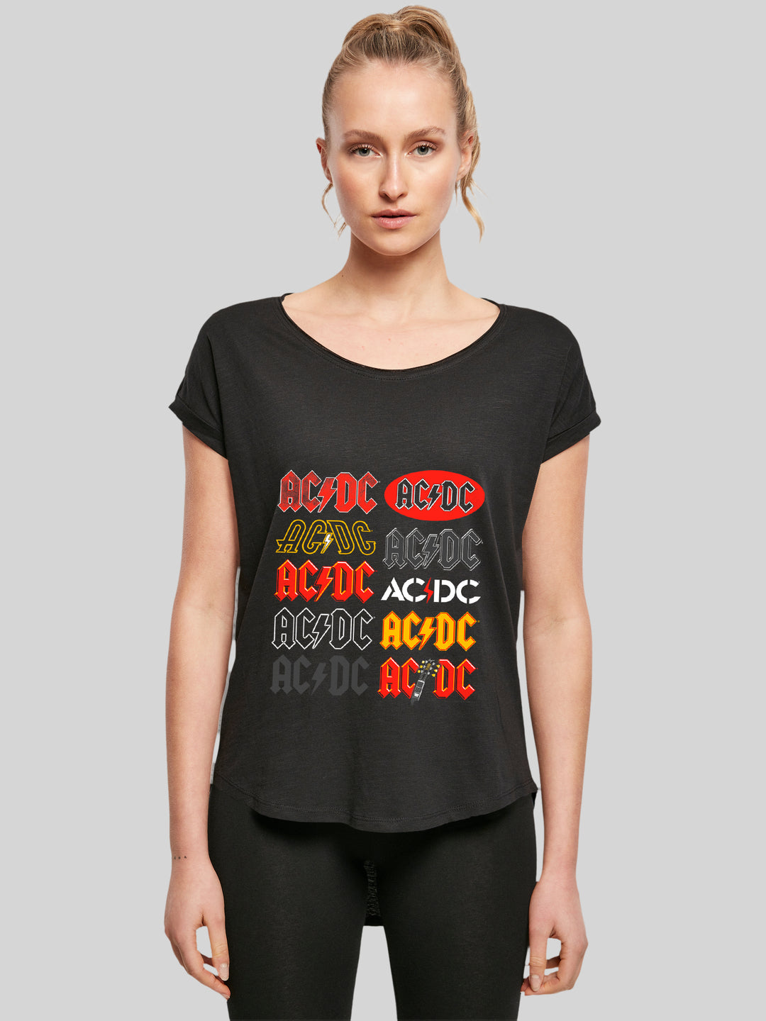 AC/DC Multi-Logo Ladies Long Slub Tee - A Stylish Tribute to Your Rock 'n' Roll Soul