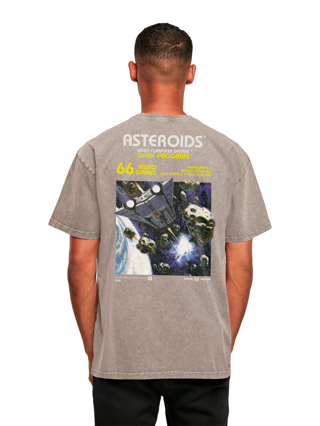 Atari Games Logo White Retro Gaming Horizontal and Atari Asteroids Box Cover with Acid Washed Heavy Oversize Tee